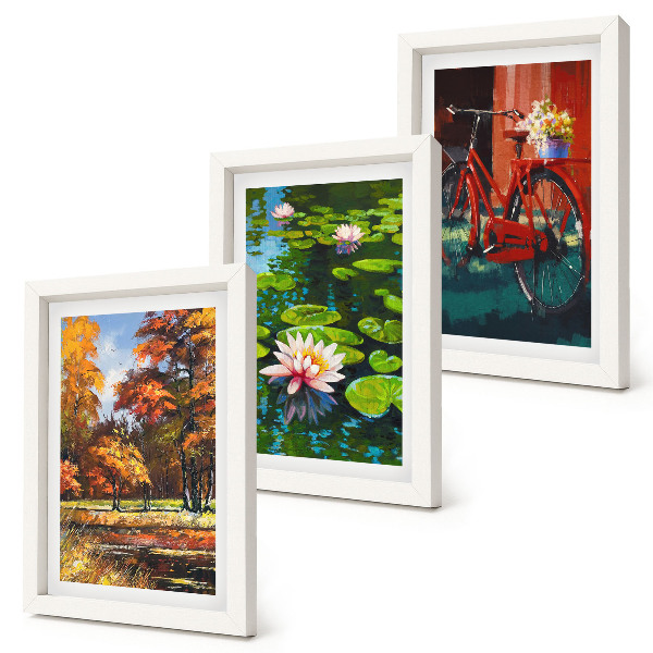Set van ingelijste schilderijen Herfstkleuren, vijver met waterlelies, fiets op het terras
