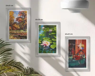 Set ingelijste schilderijen herfstkleuren met een vijver met waterlelies en een fiets op het terras