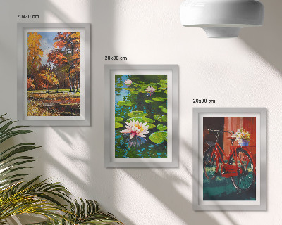 Set van ingelijste schilderijen Herfstkleuren, vijver met waterlelies, fiets op het terras