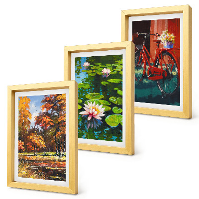 Set van ingelijste schilderijen Herfstkleuren, vijver met waterlelies, fiets op het terras