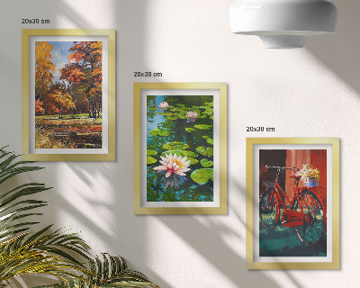 Set van ingelijste schilderijen Herfstkleuren, vijver met waterlelies, fiets op het terras