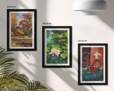 Set ingelijste schilderijen herfstkleuren met een vijver met waterlelies en een fiets op het terras