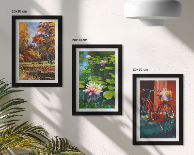 Set van ingelijste schilderijen Herfstkleuren, vijver met waterlelies, fiets op het terras