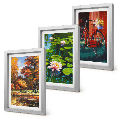 Set van ingelijste schilderijen Herfstkleuren, vijver met waterlelies, fiets op het terras
