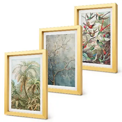 Gallery wall met tropische planten en kleurrijke vogels in de natuur