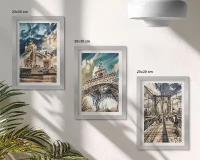 Set ingelijste schilderijen met bruggen en torens in Europese steden