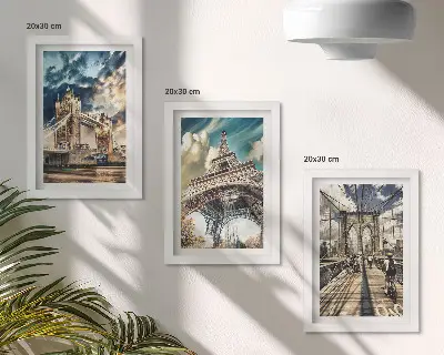 Set ingelijste schilderijen met bruggen en torens in Europese steden