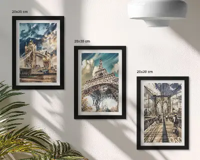 Set ingelijste schilderijen met bruggen en torens in Europese steden