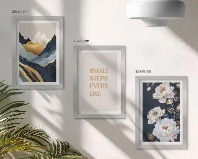 Set ingelijste schilderijen met abstracte bergen, bloemen en inspirerende letters
