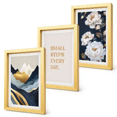 Set ingelijste schilderijen met abstracte bergen, bloemen en inspirerende letters