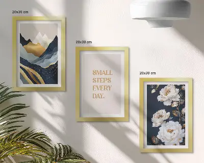 Set ingelijste schilderijen met abstracte bergen, bloemen en inspirerende letters