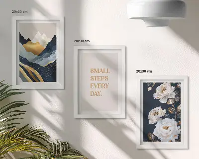 Set ingelijste schilderijen met abstracte bergen, bloemen en inspirerende letters