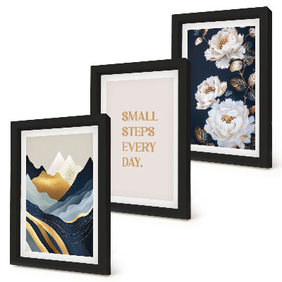 Set van ingelijste schilderijen Abstracte bergen, bloemen en inspirerende letters