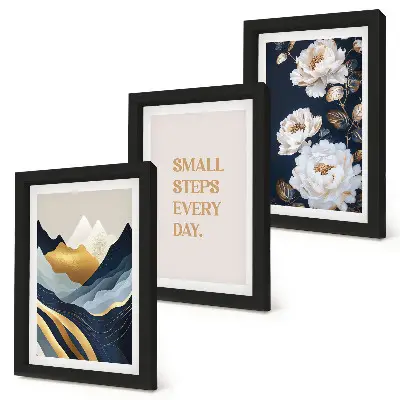 Set ingelijste schilderijen met abstracte bergen, bloemen en inspirerende letters