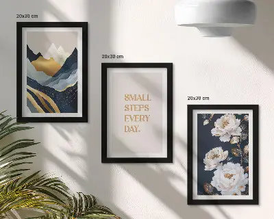 Set ingelijste schilderijen met abstracte bergen, bloemen en inspirerende letters