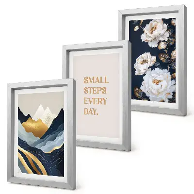 Set ingelijste schilderijen met abstracte bergen, bloemen en inspirerende letters