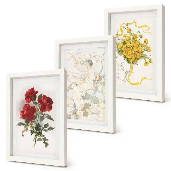 Gallery wall rode rozen, witte figuur en gele bloemen in een vaas