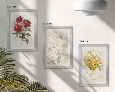 Gallery wall rode rozen, witte figuur en gele bloemen in een vaas