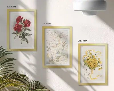 Gallery wall rode rozen, witte figuur en gele bloemen in een vaas