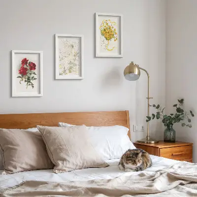 Gallery wall rode rozen, witte figuur en gele bloemen in een vaas