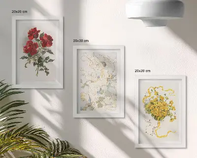 Gallery wall rode rozen, witte figuur en gele bloemen in een vaas
