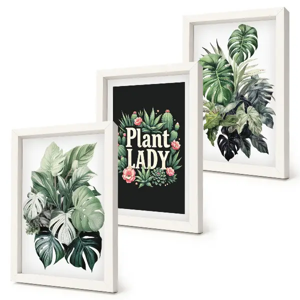 Set van ingelijste schilderijen tropische planten met de tekst Plant Lady in het groen