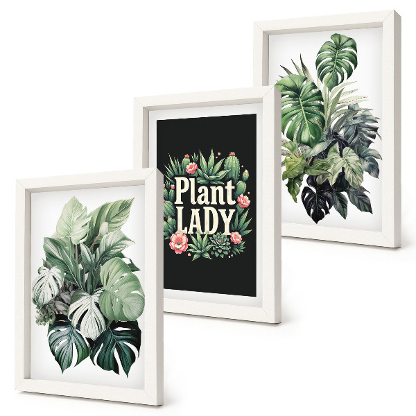 Set van ingelijste schilderijen Tropische planten met het opschrift 'Plant Lady' in groen.