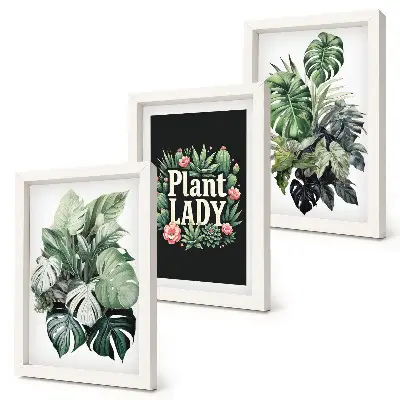 Set van ingelijste schilderijen tropische planten met de tekst Plant Lady in het groen