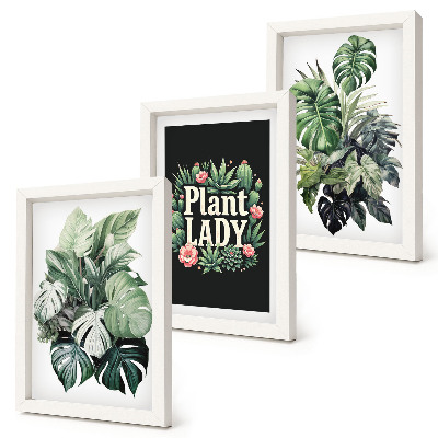 Set van ingelijste schilderijen Tropische planten met het opschrift 'Plant Lady' in groen.