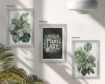 Set van ingelijste schilderijen tropische planten met de tekst Plant Lady in het groen