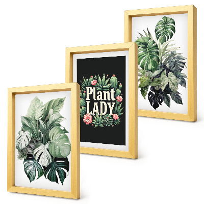 Set van ingelijste schilderijen Tropische planten met het opschrift 'Plant Lady' in groen.