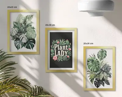 Set van ingelijste schilderijen tropische planten met de tekst Plant Lady in het groen