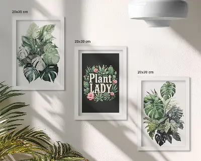 Set van ingelijste schilderijen tropische planten met de tekst Plant Lady in het groen