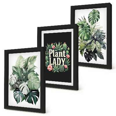 Set van ingelijste schilderijen Tropische planten met het opschrift 'Plant Lady' in groen.