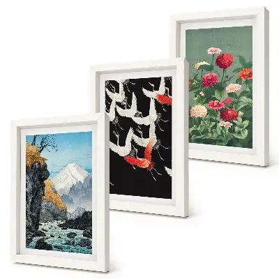 Set van ingelijste schilderijen met bergen, waterval, vliegende vogels en kleurrijke bloemen