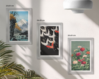 Set van ingelijste schilderijen Bergen met een waterval, vogels in vlucht en kleurrijke bloemen