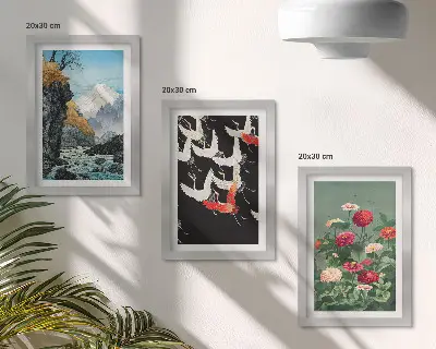 Set van ingelijste schilderijen met bergen, waterval, vliegende vogels en kleurrijke bloemen