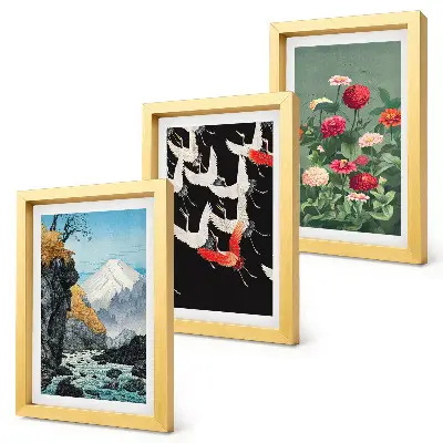 Set van ingelijste schilderijen met bergen, waterval, vliegende vogels en kleurrijke bloemen