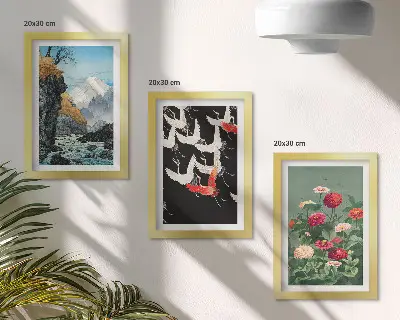 Set van ingelijste schilderijen met bergen, waterval, vliegende vogels en kleurrijke bloemen