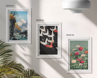 Set van ingelijste schilderijen Bergen met een waterval, vogels in vlucht en kleurrijke bloemen
