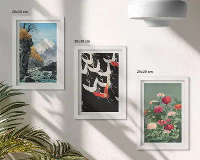 Set van ingelijste schilderijen met bergen, waterval, vliegende vogels en kleurrijke bloemen