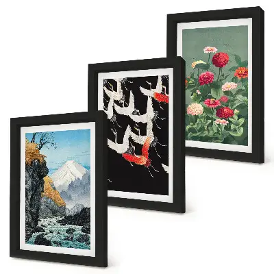 Set van ingelijste schilderijen met bergen, waterval, vliegende vogels en kleurrijke bloemen