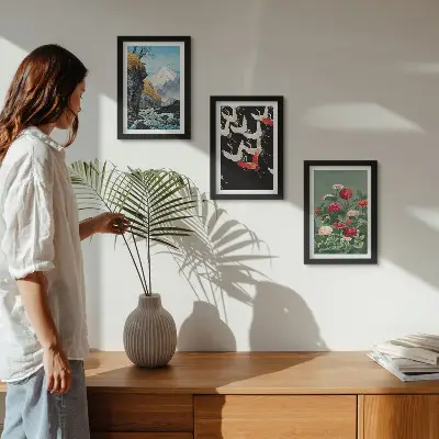 Set van ingelijste schilderijen met bergen, waterval, vliegende vogels en kleurrijke bloemen