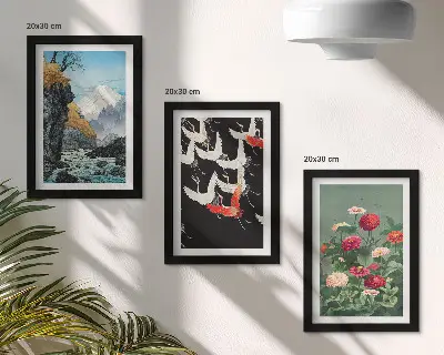 Set van ingelijste schilderijen met bergen, waterval, vliegende vogels en kleurrijke bloemen