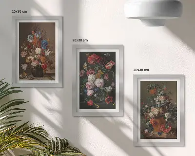 Gallery wall bloemen in vazen en vintage planten set met diverse vintage plantenarrangementen