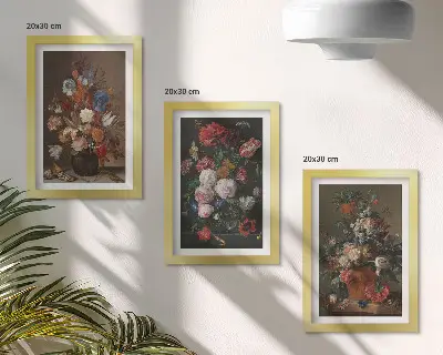 Gallery wall bloemen in vazen en vintage planten set met diverse vintage plantenarrangementen
