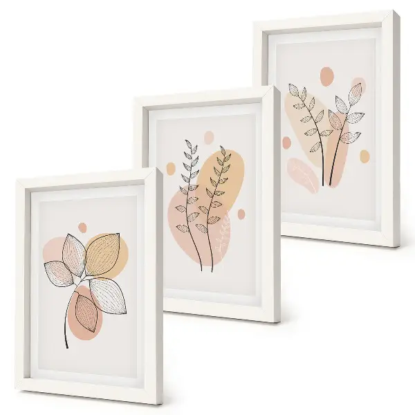 Set ingelijste schilderijen met minimalistische planttekeningen in pastelkleuren
