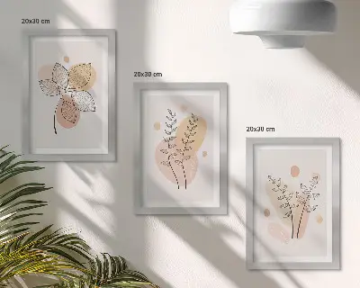 Set ingelijste schilderijen met minimalistische planttekeningen in pastelkleuren