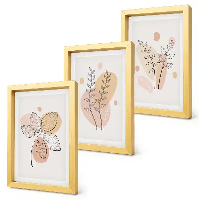 Set ingelijste schilderijen met minimalistische planttekeningen in pastelkleuren