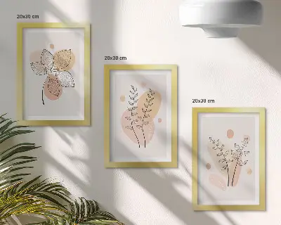 Set ingelijste schilderijen met minimalistische planttekeningen in pastelkleuren